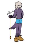 4:5 absurd_res black_text blue_boxer_briefs blue_clothing blue_underwear boots boxer_briefs bulge clothing footwear fur hair hi_res lamapola mammal mustelid pantsless_anthro pantsless_male shoes signature simple_background smile solo standing tail text timberland underwear vinea_(lamapola) yo-yo