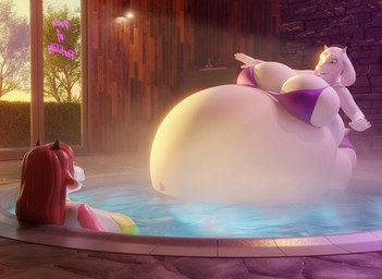 anthro belly big_belly big_breasts bikini breasts clothing duo female fur hair horn hot_tub huge_belly huge_breasts hyper hyper_belly hyper_pregnancy light markings navel outie_navel pink_hair pink_markings pregnant pregnant_anthro pregnant_female purple_bikini purple_clothing purple_swimwear sunlight swimwear tail three-quarter_view two-piece_swimsuit white_body white_fur yellow_bikini yellow_clothing yellow_swimwear pressurepurse mayternity undertale_(series) hannah_(pressurepurse) toriel boss_monster_(undertale) bovid bovine caprine cattle mammal 2022 3d_(artwork) digital_media_(artwork) hi_res