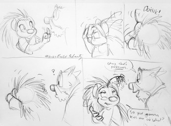 4_fingers age_difference anthro biped clothed clothed_anthro clothed_female clothed_male clothing dialogue duo eyebrows eyelashes eyewear female female_anthro fingers fur glasses hair holidays humanoid_hands interspecies looking_at_another male male/female male_anthro markings mistletoe partial_speech_bubble plant pupils question_mark quill_hair quills_(anatomy) shirt snout sound_effects speech_bubble text topwear wearing_glasses eric_schwartz christmas patreon doug_(ews) holly_(ews) canid canine canis domestic_dog herding_dog hybrid mammal pastoral_dog porcupine rodent welsh_corgi wolf wolfdog 2025 dated english_text guide_lines hi_res monochrome signature sketch