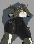 anthro armor big_butt butt female genitals looking_at_viewer machine mecha not_furry nude pussy simple_background size_difference solo thick_thighs weapon archerteamr humanoid robot robot_humanoid digital_media_(artwork) hi_res