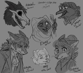 anthro bone bow_tie clothing countershading doctor eyewear glasses group magic_user rococo_clothing skull teacher text victorian witch tatujapa edgar_vladilisitsa joseph_corbeau sophie_vulpina_nore avian bird canid canine corvid corvus_(genus) demon domestic_cat felid feline felis fox ghost mammal oscine passerine raven spirit 2020 absurd_res english_text hi_res model_sheet monochrome sketch story
