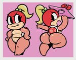 blonde_hair blush butt female hair hands_on_hips looking_back ponytail ranged_weapon shell shuriken smile teeth weapon wide_hips yopy mario_bros nintendo pom_pom_(mario) koopa reptile scalie 2024 hi_res