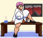 anthro big_breasts biped breasts clothed clothing coat eyewear female fingers footwear furniture glasses green_eyes hair high_heels lab_coat looking_at_viewer non-mammal_breasts outline pink_hair potion scientist shoes simple_background sitting solo table thick_thighs topwear wide_hips mr.ink_(artist) mario_bros nintendo nurrai_(character) koopa reptile scalie 2019 absurd_res digital_media_(artwork) hi_res