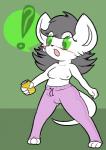 ?! anthro blush breasts camel_toe can clothed clothing container exclamation_point female fur green_eyes grey_hair hair hi_res mammal mouse murid murine nipples question_mark rodent shenhibiki simple_background solo story story_in_description surprise sweatpants topless white_body white_fur