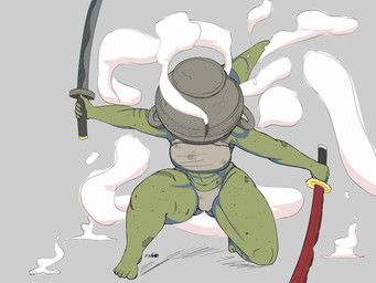 5_fingers armor clothed clothing dual_wielding feet female fingers green_body green_skin headgear headwear holding_object holding_weapon humanoid_pointy_ears kneeling melee_weapon not_furry panties pointy_ears simple_background smoking solo sword toes topwear underwear weapon itzkoaro elden_ring fromsoftware let_me_solo_her_(klein_tsuboi) tarnished_(elden_ring) goblin humanoid mammal 4:3 digital_media_(artwork) hi_res