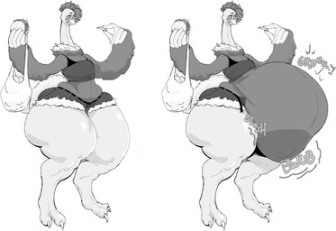 anthro bag beak belly big_belly burger female food overweight simple_background solo thick_thighs white_background wings grindaviking avian bird ostrich ratite 2026 hi_res monochrome
