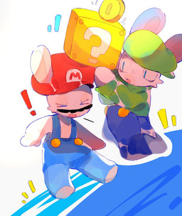 ?_block anthro black_facial_hair black_mustache blue_clothing blue_eyes blue_line_art blue_overalls blush blush_lines button_(fastener) cheek_tuft clothed clothed_anthro clothed_male clothing coin duo exclamation_point eyes_closed facial_hair facial_tuft fully_clothed fully_clothed_anthro fully_clothed_male green_clothing green_hat green_headwear green_shirt green_topwear hat headgear headwear hitting_another holding_block light long_ears looking_at_another male male_anthro mitten_hands multicolored_body mustache no_pupils noseless overalls red_clothing red_hat red_headwear shirt shirtless_anthro shirtless_male simple_background tan_body tan_eyelids tan_skin topwear tuft two_tone_body white_background renballball mario_bros mario_plus_rabbids_kingdom_battle mario_plus_rabbids_sparks_of_hope nintendo raving_rabbids rayman_(series) ubisoft rabbid_luigi rabbid_mario lagomorph mammal rabbid 2022 colored colored_line_art crossover digital_drawing_(artwork) digital_media_(artwork) english_description japanese_description lighting shaded