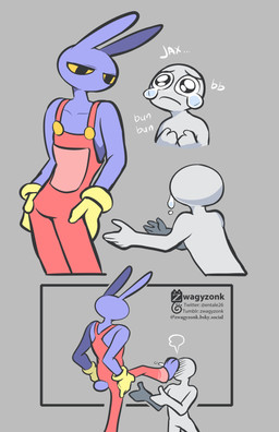 3_toes 5_fingers annoyed anthro black_eyes bodily_fluids breath clothing crying duo feet fingers foot_on_face fur gloves grey_background half-closed_eyes hands_on_hips hands_on_own_hips handwear humanoid_hands male mouthless narrowed_eyes onomatopoeia overalls pleading_eyes purple_body purple_fur red_clothing red_overalls shirtless short_tail simple_background sound_effects tail tears text toes yellow_clothing yellow_gloves yellow_handwear yellow_sclera zwagyzonk glitch_productions the_amazing_digital_circus jax_(tadc) human lagomorph leporid mammal rabbit absurd_res hi_res