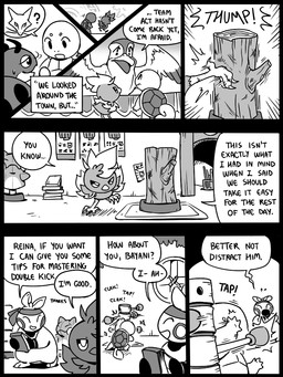 8_panel_comic accessory ambiguous_gender beak biped black_eyes black_text bodily_fluids building cheek_spots dialogue dojo ellipsis exclamation_point eyes_closed feathered_wings feathers feet feral group headband holding_object inside kick looking_at_another motion_lines mouth_closed open_mouth open_smile outside plant poster pupils question_mark shadow shell smile sound_effects speech_bubble sweat sweatdrop talking_to_another talons text toes tongue training_dummy tree walking wall_(structure) white_pupils white_sclera window wings flavia-elric nintendo pokemon pokemon_mystery_dungeon spike_chunsoft bayani_(yapc) reina_(yapc) alakazam generation_1_pokemon generation_2_pokemon generation_3_pokemon ledyba makuhita pelipper pokemon_(species) squirtle torchic 2025 3:4 comic english_text monochrome