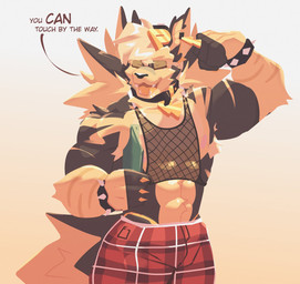 abs anthro bandage bandage_on_face bandage_on_nose bottle bottomwear bracelet claws clothing collar container dialogue ear_piercing eyes_closed fangs fishnet_clothing fishnet_topwear flexing flexing_bicep hair hat headgear headwear jewelry male markings muscular muscular_anthro muscular_male open_mouth pants pattern_bottomwear pattern_clothing pattern_pants piercing plaid plaid_bottomwear plaid_clothing plaid_pants sharp_teeth smile solo spiked_bracelet spiked_fur spiked_tail spikes spikes_(anatomy) tail teeth thong_straps topwear zappyron proton_(zappyron) canid canine canis hybrid mammal wolf digital_drawing_(artwork) digital_media_(artwork) hi_res lineless