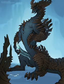 animal_genitalia blue_penis bodily_fluids brown_body brown_scales claws cum cum_drip cum_on_own_penis cum_on_penis cum_on_self dripping erection feral genital_fluids genital_slit genitals grey_body horn male multicolored_body on_hind_legs penis quadruped ridged_penis scales solo tapering_penis text toe_claws ket-dawnatsunset capcom monster_hunter jin_dahaad leviathan_(mh) 2025 digital_media_(artwork) hi_res url