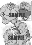 2022 anthro bear belly big_belly bodily_fluids bottomwear clothing distracting_watermark duo humanoid_hands kemono kotobuki male male/male mammal monochrome moobs musk nipples obese obese_male overweight overweight_male pants sample shirt suid suina sus_(pig) sweat topwear watermark wild_boar