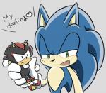 anthro black_body black_eyes black_fur blue_body blue_fur clothing dialogue duo frown fur gloves green_eyes grey_background handwear heart_symbol holding_character male micro red_body red_fur simple_background size_difference smile text sikai sega sonic_the_hedgehog_(series) shadow_the_hedgehog sonic_the_hedgehog eulipotyphlan hedgehog mammal english_text