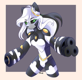 anthro arm_cannon black_body breasts featureless_breasts featureless_crotch female gatling_gun gold_accents green_eyes gun gun_arm hair long_hair looking_at_viewer machine machine_gun minigun multicolored_body nude nude_anthro nude_female pointy_ears ranged_weapon simple_background solo two_tone_body weapon weapon_arm white_body white_hair rmcreeps thetis_(bonjolasermaster) android robot hi_res