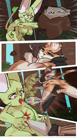 action_pose action_scene angry anthro armor attacked battle big_breasts blood bodily_fluids breasts clenched_teeth clothed clothed/nude clothing dialogue duo female gore green_body grin group kick larger_female melee_weapon nipples nude nude_anthro polearm pose size_difference smaller_female smile spear speech_bubble stab sword tattoo teeth text throwing trio unconvincing_armor weapon wuwutim fan_character cheetah domestic_cat felid feline felis mammal 4k 9:16 absurd_res comic hi_res multiple_scenes