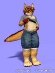 anthro belly_grab blush bottomwear chest_tuft clothed clothing clothing_lift denim denim_bottomwear denim_clothing denim_shorts eyewear fingerless_gloves glasses gloves hair hand_on_belly hand_on_shirt handwear male overweight shirt shirt_lift shorts simple_background solo tail text topwear tuft young young_anthro young_male jackthorn jackal_pawpad canid canine canis jackal mammal 2014 3:4 3d_(artwork) digital_media_(artwork) signature
