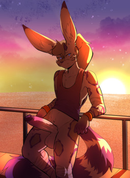 anthro balls big_penis biped clothed clothing erection genitals glans hair humanoid_genitalia humanoid_penis inner_ear_fluff male penis solo sun tail tuft munkeesgomu steele felid hybrid lagomorph leporid mammal pantherine rabbit snow_leopard hi_res