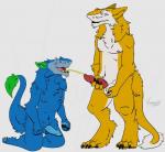 anthro bodily_fluids duo erection fur genital_fluids genitals kneeling male male/male peeing penis riseil standing tail urethra urine urine_in_mouth urine_stream watersports phtalo vaagur sergal