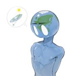 anthro bald blue_body eyebrows flat_earth for_a_head male nipples not_furry pecs planet slim solo thought_bubble kogito humanoid living_planet object_head absurd_res hi_res