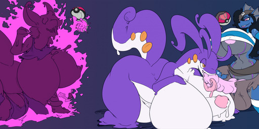 anthro big_breasts bodily_fluids breasts clothing duo fellatio genital_fluids genitals gynomorph gynomorph/gynomorph holding_object holding_pokeball huge_breasts intersex intersex/intersex legwear nude oral pattern_clothing pattern_legwear pattern_stockings penile penis pokeball precum purple_body sex simple_background smile species_transformation standard_pokeball standing stockings striped_clothing striped_legwear striped_stockings stripes tail transformation imric1251 mythology nintendo pokemon lyritha_(bluuwolf) sorez_(mastersorez) canid canine dragon fox generation_6_pokemon goodra mammal marine mythological_creature mythological_scalie pokemon_(species) scalie absurd_res digital_media_(artwork) hi_res sequence story story_in_description