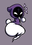 ambiguous_gender big_butt butt cloak clothing featureless_hands floating_hands ghost_tail huge_butt looking_at_viewer obscured_face purple_background purple_cloak purple_clothing simple_background solo white_body white_eyes nanodude78 fiend_folio_(tboi_mod) the_binding_of_isaac_(series) gravedigger_(fiend_folio) ghost humanoid spirit