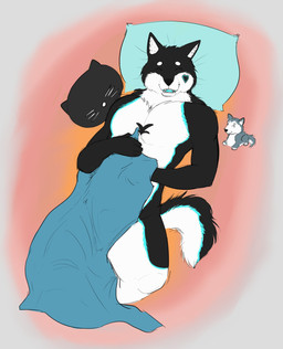 anthro bedding black_body black_fur black_nose black_tail blanket blue_markings blue_tail blue_tongue eyes_closed fangs front_view fur lying male male_anthro markings nude on_back open_mouth plushie simple_background solo tail teeth tongue white_body white_fur white_tail aduran canid canine mammal absurd_res hi_res