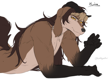 anthro black_horn black_nose blonde_hair brown_body brown_fur brown_hair ear_piercing ear_ring floppy_ears fur gloves_(marking) hair horn long_hair looking_at_viewer lying male male_anthro markings mouth_closed multicolored_hair narrowed_eyes nude on_front piercing pupils ring_piercing side_view simple_background slit_pupils solo tan_body tan_fur two_tone_hair white_background yellow_eyes cobu canid canine mammal hi_res signature
