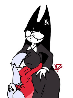 anthro bangs big_breasts black_hair breasts butt clothed clothed_anthro clothed_female clothed_male clothing cross-popping_vein dress duo eyelashes face_in_breasts female female_anthro fingers floppy_ears grey_clothing grey_dress hair hug larger_female long_hair lop_ears male male/female male_anthro red_clothing simple_background size_difference smaller_male tail tail_motion tailwag whiskers white_background white_body padhasnx chuggy_(padhasnx) witchcat_(xarop77) domestic_cat felid feline felis lagomorph leporid mammal rabbit 2025 3:4 digital_drawing_(artwork) digital_media_(artwork)
