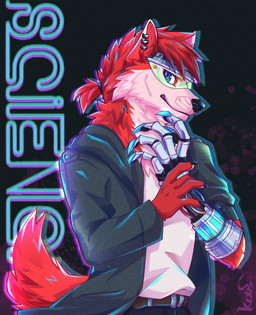 anthro coat_cape hair male neon_lights prosthetic red_body red_hair solo technology yunaiwalan wolfyportal canid canine canis mammal wolf absurd_res hi_res