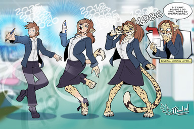4_toes 5_fingers anthro barefoot biped blouse blush bottomwear caption claws clothed clothed_anthro clothed_female clothed_human clothed_male clothing dialogue digitigrade directional_arrow embarrassed eyebrows eyelashes eyewear feet female female_anthro fingers fully_clothed fully_clothed_anthro fully_clothed_female fully_clothed_human fully_clothed_male gender_transformation glasses human_to_anthro logo male male_human mtf_transformation office office_clothing outfit_change pen reality_shift secretary skirt species_transformation speech_bubble suit talking_to_self time_travel toe_claws toes topwear transformation transformed_clothing wearing_glasses tf-sential cheetah felid feline human mammal artist_logo hi_res