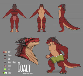 3_toes 5_fingers anthro barefoot black_horn black_spikes black_stripes bottomwear brown_hair clothed clothing featureless_crotch feet fingers fluffy fluffy_tail front_view fur green_bottomwear green_clothing green_eyes green_shorts grey_background hair horn male multi_horn overbite pecs rear_view red_body red_fur shorts side_view simple_background solo spiked_tail spikes spikes_(anatomy) standing stripes tail tan_body tan_fur text toes topless topless_anthro topless_male rimentus mythology coalt dragon furred_dragon furred_scalie mythological_creature mythological_scalie scalie wingless_dragon character_name model_sheet