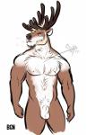 animal_genitalia anthro antlers balls beard brown_body brown_fur facial_hair fully_sheathed fur genitals horn male muscular muscular_anthro muscular_male nipples pecs penis sheath solo white_balls white_body white_fur bgn fireball_(bgn) deer mammal new_world_deer reindeer