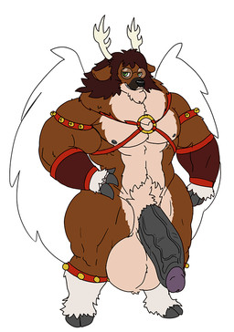 anthro balls bell big_balls big_penis black_penis brown_body brown_fur brown_hair eyewear feathered_wings feathers fur genitals glasses green_eyes grin hair half-erect hand_on_hip hooves horn huge_balls huge_penis humanoid_genitalia humanoid_penis looking_at_viewer male muscular muscular_anthro muscular_male nude penis simple_background smile solo standing vein veiny_penis white_background wings vdisco deer mammal new_world_deer reindeer character_request