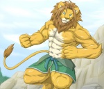 abs anthro belt biceps big_muscles blue_eyes bottomwear brown_mane clothed clothing flexing fur looking_at_viewer male mane muscular muscular_anthro muscular_male pecs pose shorts solo tail topless wildheit felid lion mammal pantherine