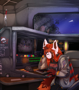 anthro clothed clothed_anthro clothed_female clothing female night red_eyes sky solo star starry_sky tired tired_eyes shindortes nasa voices_of_the_void hazrapanda ailurid mammal red_panda absurd_res hi_res