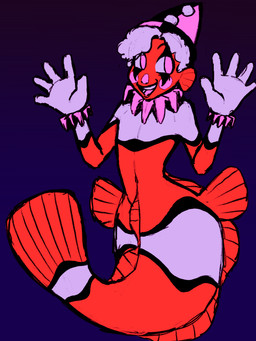 5_fingers ambiguous_gender blush clothing clown dorsal_fin ear_fins eyebrows facial_markings featureless_chest featureless_crotch fin fingers fish_tail frilly frilly_clothing gloves hair handwear hat head_markings headgear headwear humanoid_hands makeup markings navel nose_blush open_mouth open_smile orange_body orange_skin pink_eyes smile solo split_form stripes tail tail_fin white_clothing white_gloves white_hair white_handwear wide_hips dreamscreep mermay animal_humanoid aquatic aquatic_humanoid clownfish fish fish_humanoid humanoid merfolk pomacentrid 3:4 absurd_res colored colored_sketch digital_media_(artwork) flat_colors hi_res procreate_(artwork) sketch