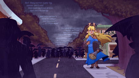 2_toes anthro blonde_hair blue_clothing blue_dress brown_body brown_fur clothing cloven_hooves dress feet female freckled_face freckled_shoulders freckles fur group hair hooves horn male outside plant raining road suit text toes tree umbrella stephsartlab deltarune undertale_(series) kris_dreemurr noelle_holiday deer human mammal monster new_world_deer reindeer 16:9 2025 4k absurd_res english_text hi_res widescreen