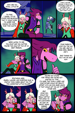 anthro dialogue female group speech_bubble text trio arcatech deltarune undertale_(series) krampus_(arcatech) susie_(deltarune) synthesis_(arcatech) deer domestic_cat felid feline felis lizard mammal reptile scalie 2:3 comic english_text hi_res