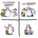 anthro bottomwear clothing dialogue duo group heart_symbol hug human_on_anthro interspecies male male/male overweight overweight_male pants scared shirt text topwear chrisbcritter mythology canid canine human mammal mythological_canine mythological_creature werecanid werecanine werecreature werewolf 2016 comic english_text hi_res