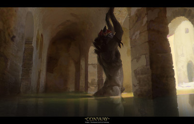 animal_genitalia anthro armband athletic athletic_anthro athletic_male black_body black_fur building ear_jewelry fur genitals head_covering jewelry light looking_aside male mostly_nude partially_submerged romanesque_architecture sheath side_view solo tail water nomax conway_(game) wolf_(conway) canid canine canis mammal wolf 2025 digital_media_(artwork) hi_res letterbox lighting