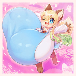 4_toes 5_fingers anthro big_breasts biped blonde_hair blue_clothing blue_eyes blush border bottomwear breasts brown_body brown_ears chest_tuft clothed clothing cute_fangs eyebrows eyelashes fangs feet female female_anthro fingers front_view fully_clothed glistening hair huge_breasts hyper hyper_breasts inner_ear_fluff kemono loli looking_at_viewer multicolored_hair nipple_outline on_one_leg one_eye_closed open_mouth open_smile oppai_loli orange_border pawpads paws skirt small_but_busty smile solo standing tail teeth text three-quarter_view toes topwear tuft white_clothing yellow_body young young_anthro young_female keyhat_tk10 mei_chan_(yuuko_18yo) canid canine fox mammal 1:1 2023 dated digital_drawing_(artwork) digital_media_(artwork) english_text hi_res signature