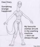 2016 anthro apatosaurus body_size_growth bottomwear breasts clothing dinosaur diplodocid english_text female hi_res long_neck monochrome non-mammal_breasts reptile sauropod sauropodomorph scalie shirt size_transformation solo t-shirt tail text tight_clothing topwear transformation trias