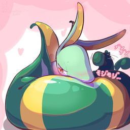 abstract_background afterimage ambiguous_feral ambiguous_gender blush blush_lines ellipsis feral front_view glistening glistening_eyes green_body half-closed_eyes heart_symbol legless looking_away looking_down markings motion_lines multicolored_body multicolored_eyes narrowed_eyes pink_text red_eyes serpentine shy snout solo tail tail_motion tailwag text two_tone_text white_body white_sclera white_text yellow_markings whitemuffin4680 nintendo pokemon generation_5_pokemon pokemon_(species) serperior 1:1 2025 absurd_res digital_media_(artwork) full-length_portrait hi_res japanese_description japanese_text portrait shaded
