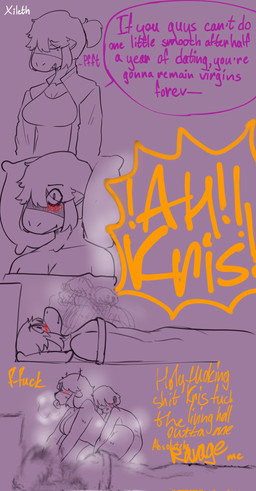 ambiguous_penetration anthro blush bodily_fluids breasts dialogue female group loud_sex male male/female penetration sex size_difference smaller_male speech_bubble sweat text trio zytkal deltarune undertale_(series) kris_dreemurr noelle_holiday susie_(deltarune) deer human mammal reptile scalie comic english_text hi_res