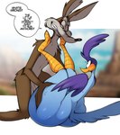 anthro arm_tuft avian_feet big_butt bodily_fluids brown_body brown_fur butt butt_tuft calf_tuft chest_tuft dialogue drooling duo elbow_tuft fur genitals half-closed_eyes hip_tuft huge_butt knee_tuft kneeling leg_tuft male narrowed_eyes navel penis saliva shoulder_tuft tailless text tuft verbal_degradation verbal_domination saltyxodium looney_tunes warner_brothers road_runner_(looney_tunes) wile_e._coyote avian bird canid canine canis coyote cuculiform mammal new_world_ground_cuckoo roadrunner 2023 absurd_res english_text hi_res