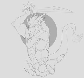 abs anthro beard claws facial_hair fangs finger_claws hair holding_melee_weapon holding_object holding_sword holding_weapon horn looking_at_viewer male male_anthro melee_weapon mouth_closed muscular muscular_anthro muscular_male narrowed_eyes pecs simple_background solo sword tail tail_tuft teeth tuft weapon aduran mythology dragon mythological_creature mythological_scalie scalie monochrome sketch