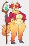 anthro big_breasts breasts ear_piercing eyewear female glasses holding_object holding_staff inner_ear_fluff magic_user mature_anthro mature_female piercing solo staff tail thick_thighs tuft hdhxrrfg nintendo pokemon delphox generation_6_pokemon pokemon_(species) absurd_res hi_res