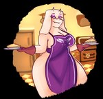 anthro apron apron_only big_breasts breasts cleavage clothed clothing eyelashes eyeshadow fangs female floppy_ears food fur gloves handwear holding_food holding_object horn lop_ears makeup mature_female pastry pie purple_apron purple_clothing purple_eyes purple_eyeshadow red_clothing red_gloves red_handwear simple_background smile solo teeth thick_thighs transparent_background white_body white_fur white_horn wide_hipped_female wide_hips mosunoru undertale undertale_(series) toriel boss_monster_(undertale) bovid caprine goat mammal absurd_res alpha_channel hi_res