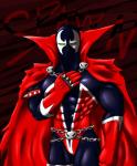 abs armlet belt biceps black_clothing bone cape chain clothing front_view green_eyes looking_at_viewer male mask monotone_cape monotone_clothing multicolored_clothing muscular muscular_arms muscular_humanoid muscular_male not_furry pecs pose red_cape red_clothing skull solo spandex spikes standing tattered_cape text tight_clothing torn_cape torn_clothing white_clothing ryuukikeito spawn_(series) todd_mcfarlane spawn demon demon_humanoid humanoid 2013 icon portrait three-quarter_portrait