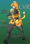 anthro armor big_breasts boots breasts butt clothed clothing comic domestic_cat english_text felid feline felis female footwear gloves handwear huge_breasts leather looking_back mammal mochizuki_tooya ose skimpy solo tail text unconvincing_armor